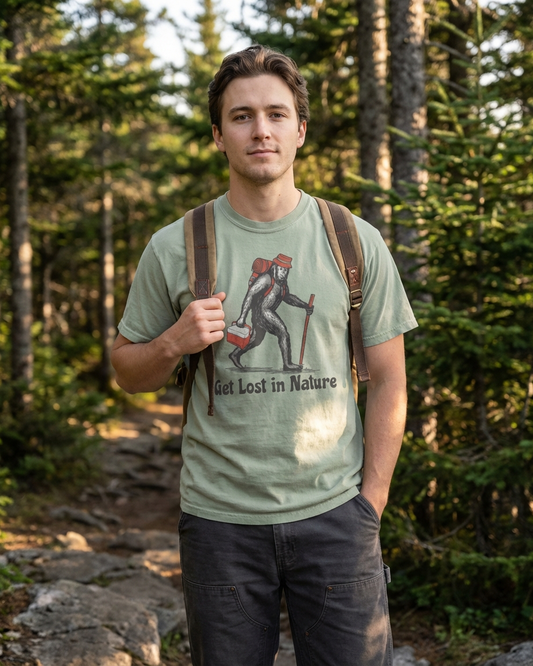 Man wearing a t-shirt with a bigfoot nature graphic and text, standing in a forest.