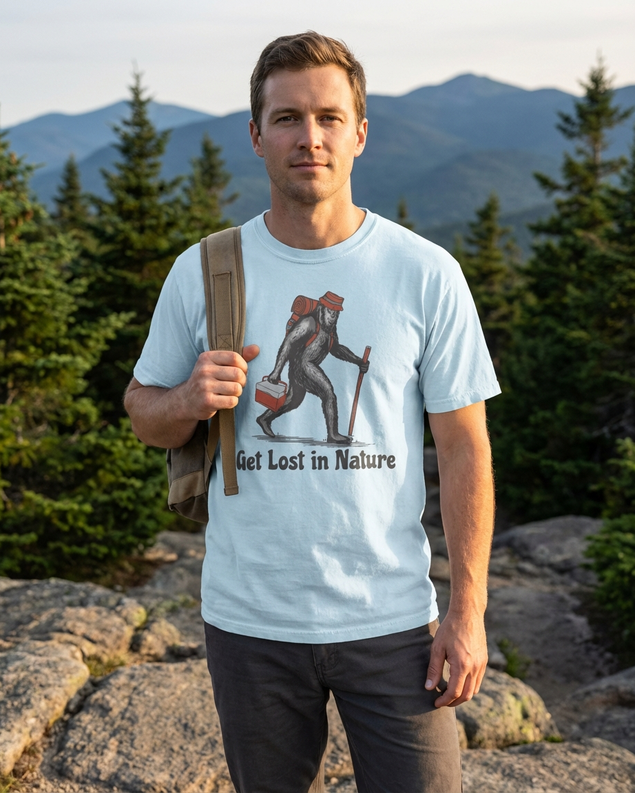 Man wearing a t-shirt with a nature-themed graphic and text, standing outdoors with mountains in the background.