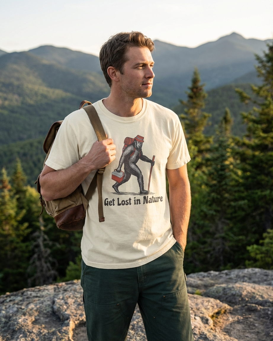 Man standing on a mountain with a scenic background wearing a t-shirt with a graphic design.