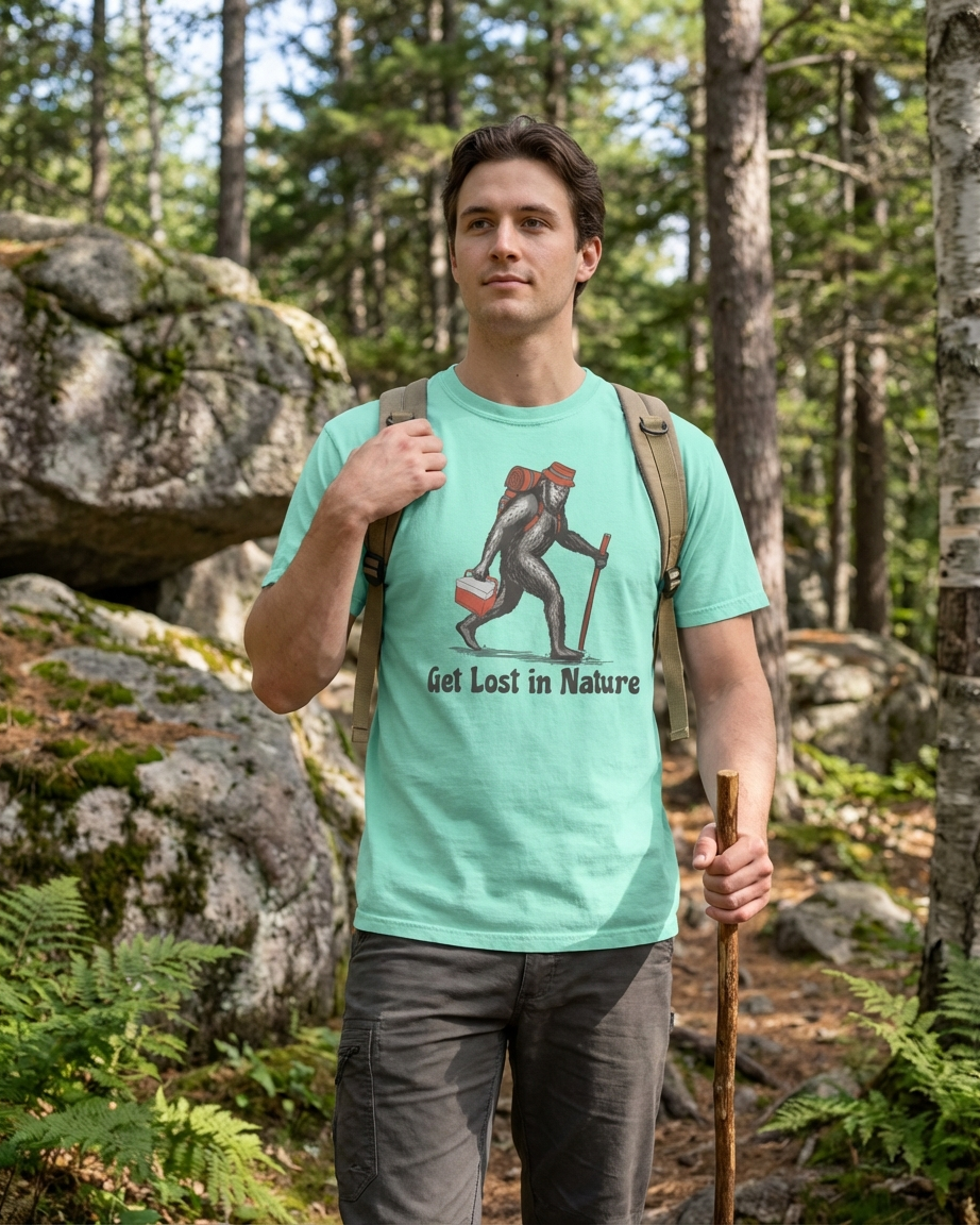 Person wearing a green t-shirt with a bigfoot graphic and text, standing in a forest.