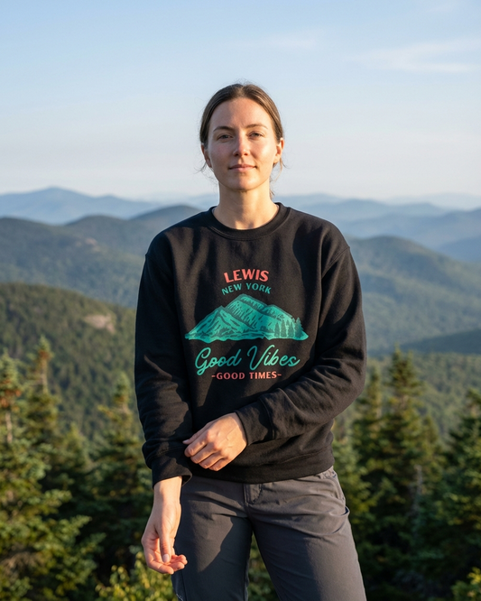 Person wearing a black sweatshirt with text and graphics, standing in a mountainous landscape.