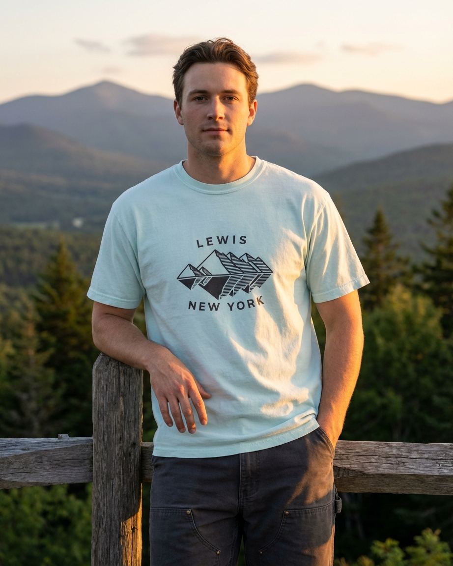 Man wearing a 'Lewis New York' t-shirt standing in front of mountains.