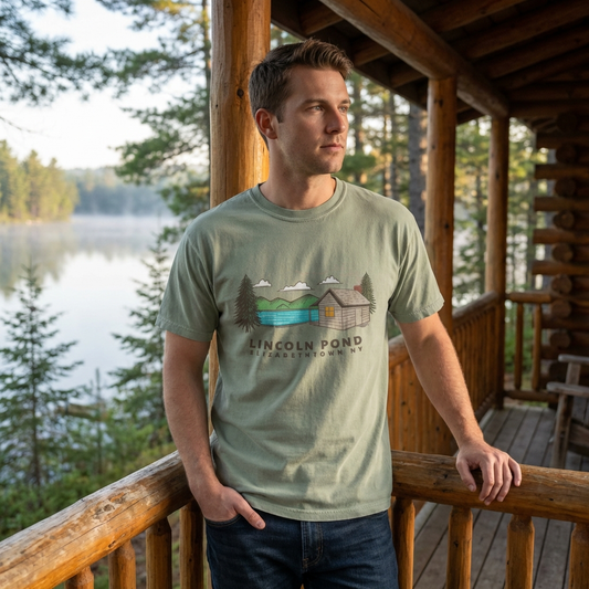 Man wearing a t-shirt with a nature-themed design on a wooden deck by a lake.