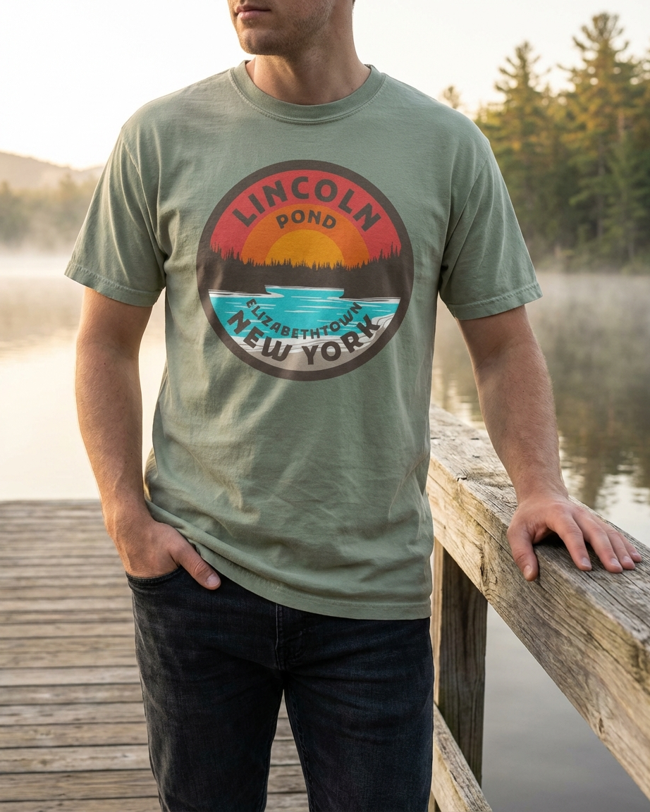Person wearing a t-shirt with Lincoln Pond New York design by a lake.