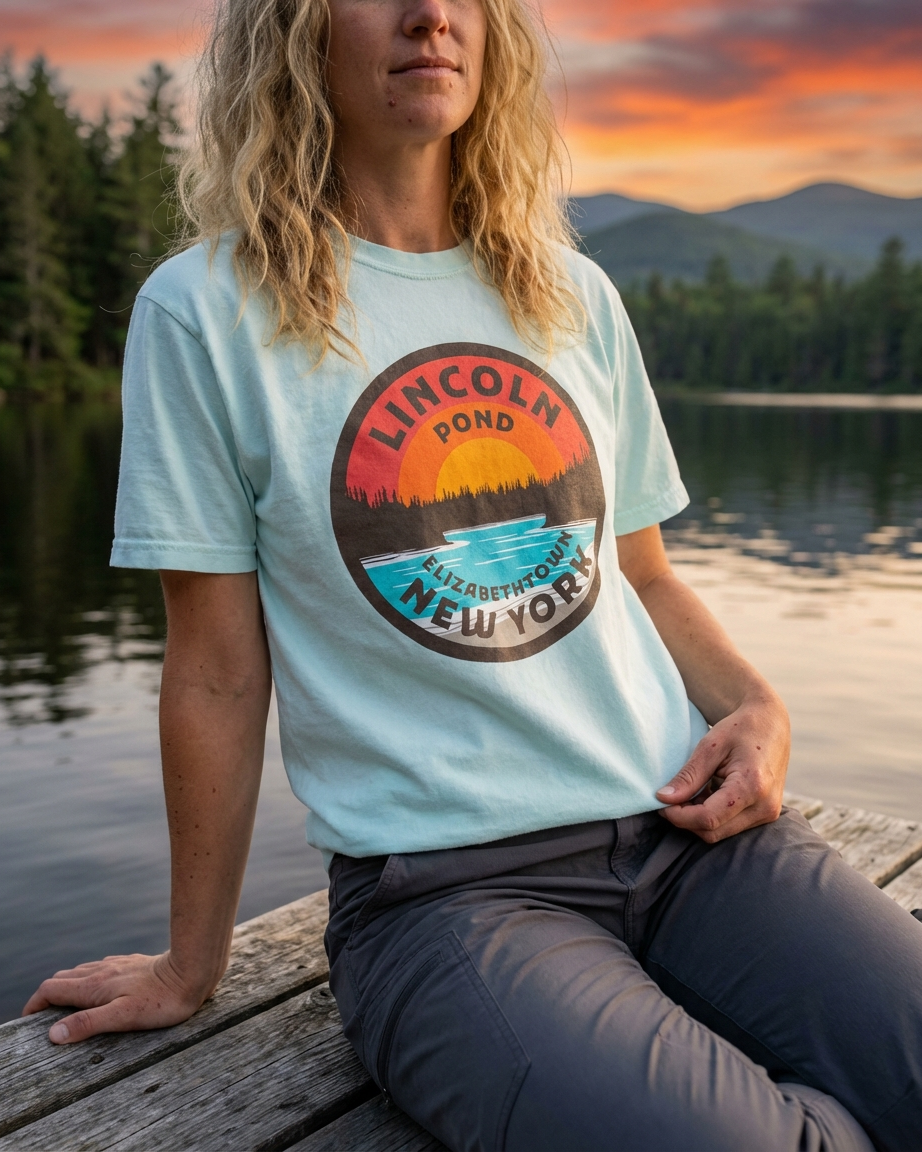Person wearing a t-shirt with Lincoln Pond New York design, sitting on a dock by a lake at sunset.