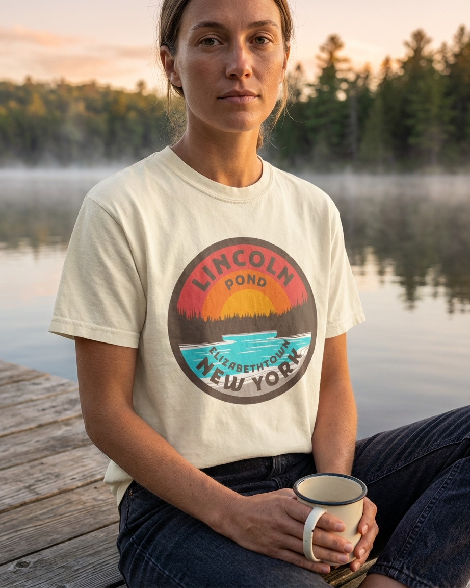 Person wearing a t-shirt with 'Lincoln Pond, New York' design by a lake.