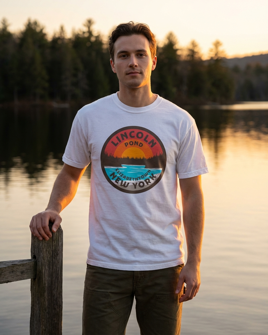 Man wearing a white t-shirt with a 'Lincoln Pond, New York' graphic standing by a lake.