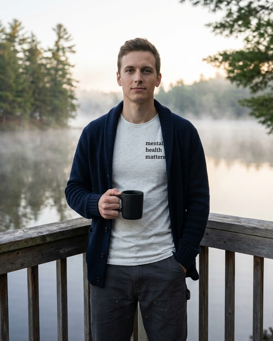 Person holding a mug outdoors by a lake with 'mental health matters' t-shirt