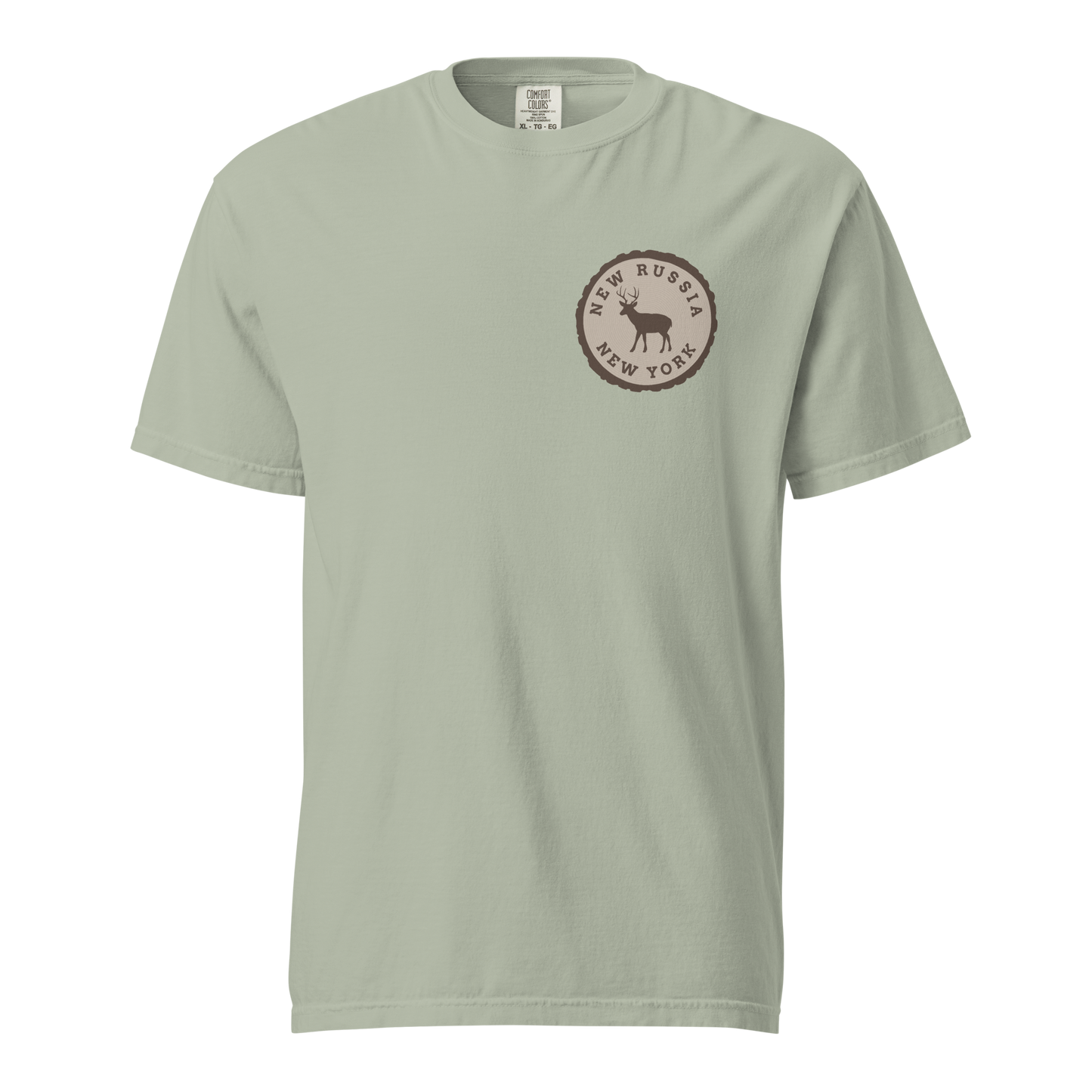 Light green t-shirt with a tree stump New Russia New York deer logo on a white background