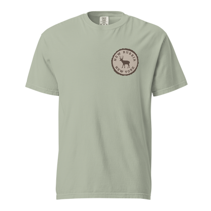 Light green t-shirt with a tree stump New Russia New York deer logo on a white background