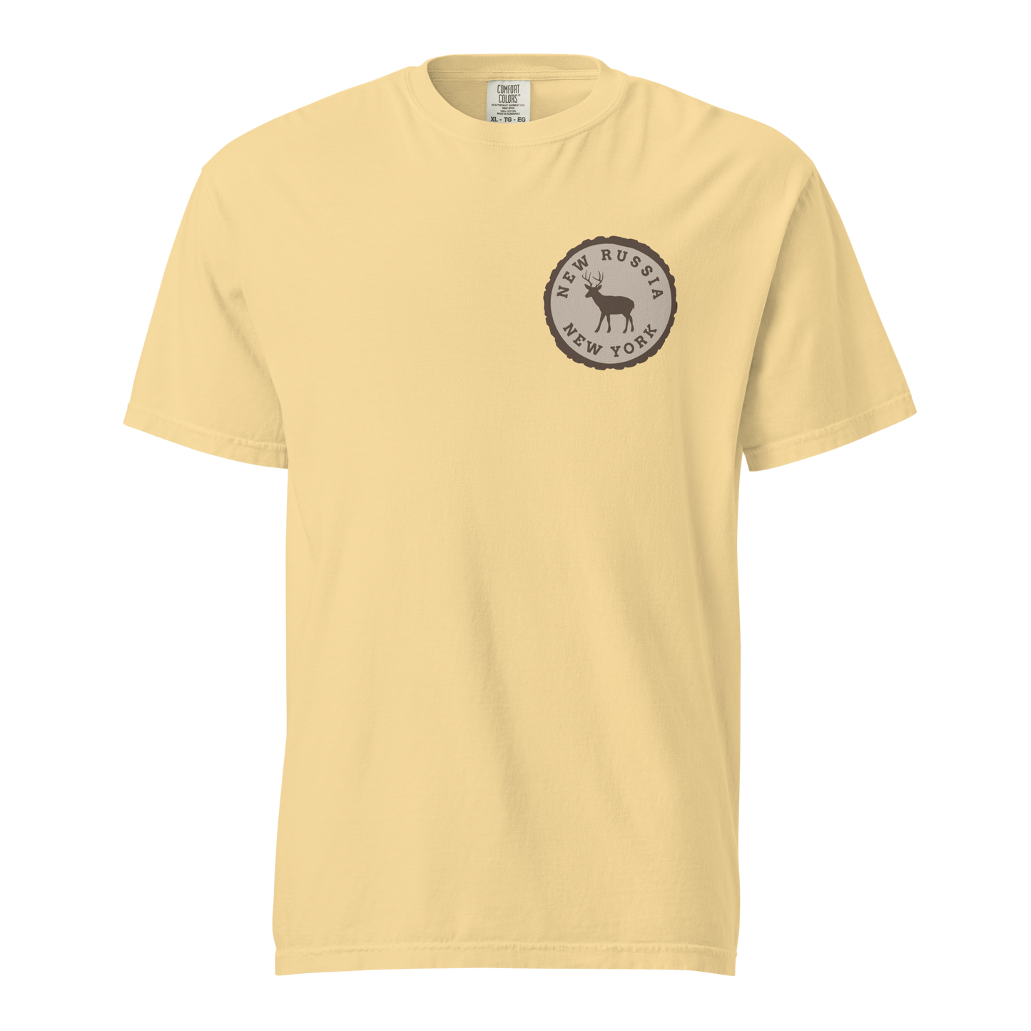 Yellow t-shirt with a tree stump New Russia New York deer logo on a white background