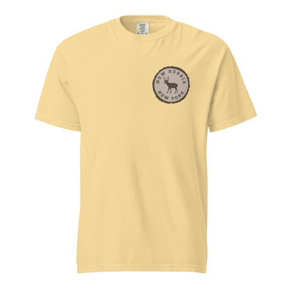 Yellow t-shirt with a tree stump New Russia New York deer logo on a white background