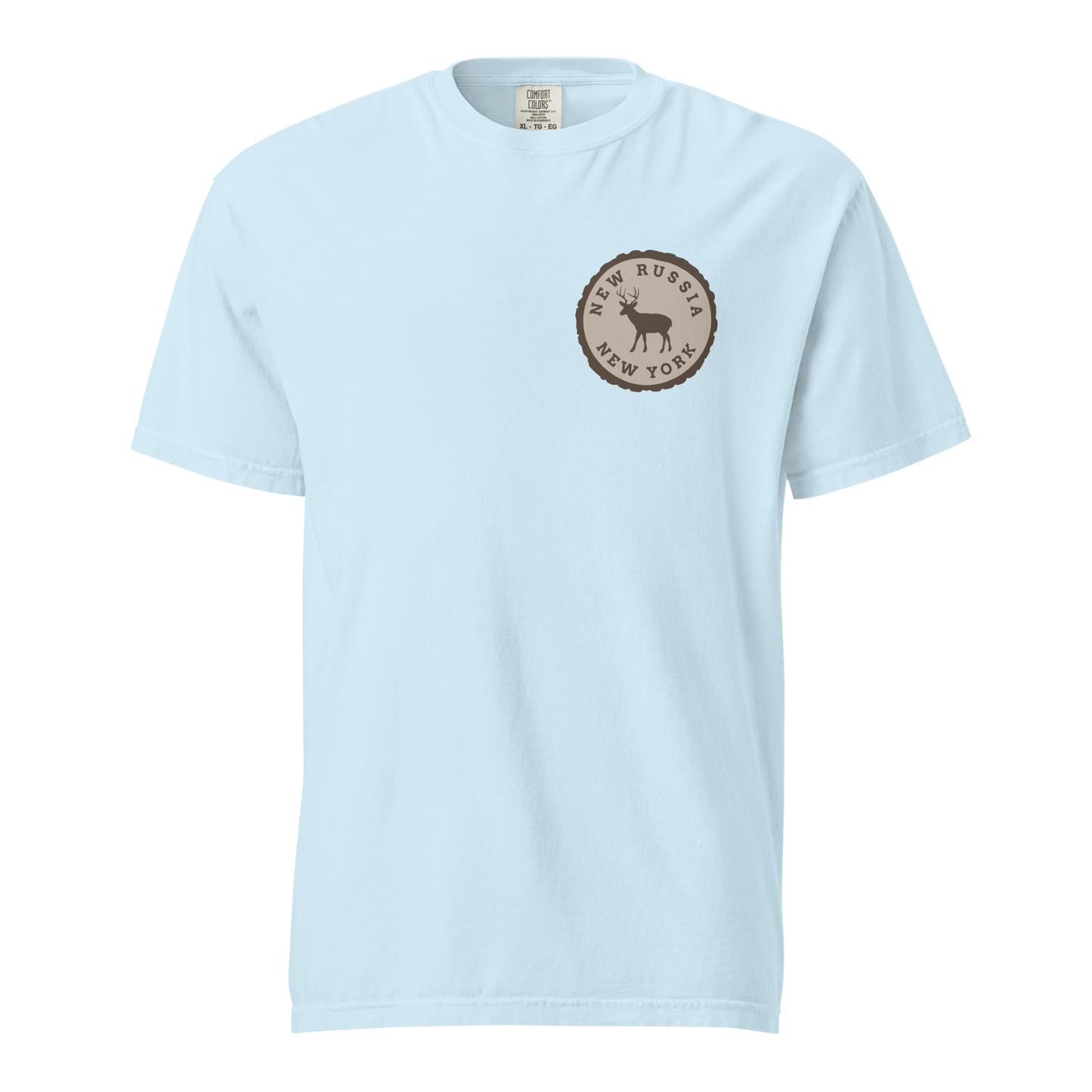 Light blue t-shirt with a tree stump New Russia New York deer logo on a white background