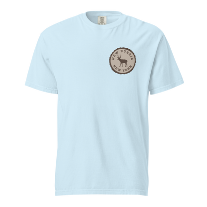 Light blue t-shirt with a tree stump New Russia New York deer logo on a white background