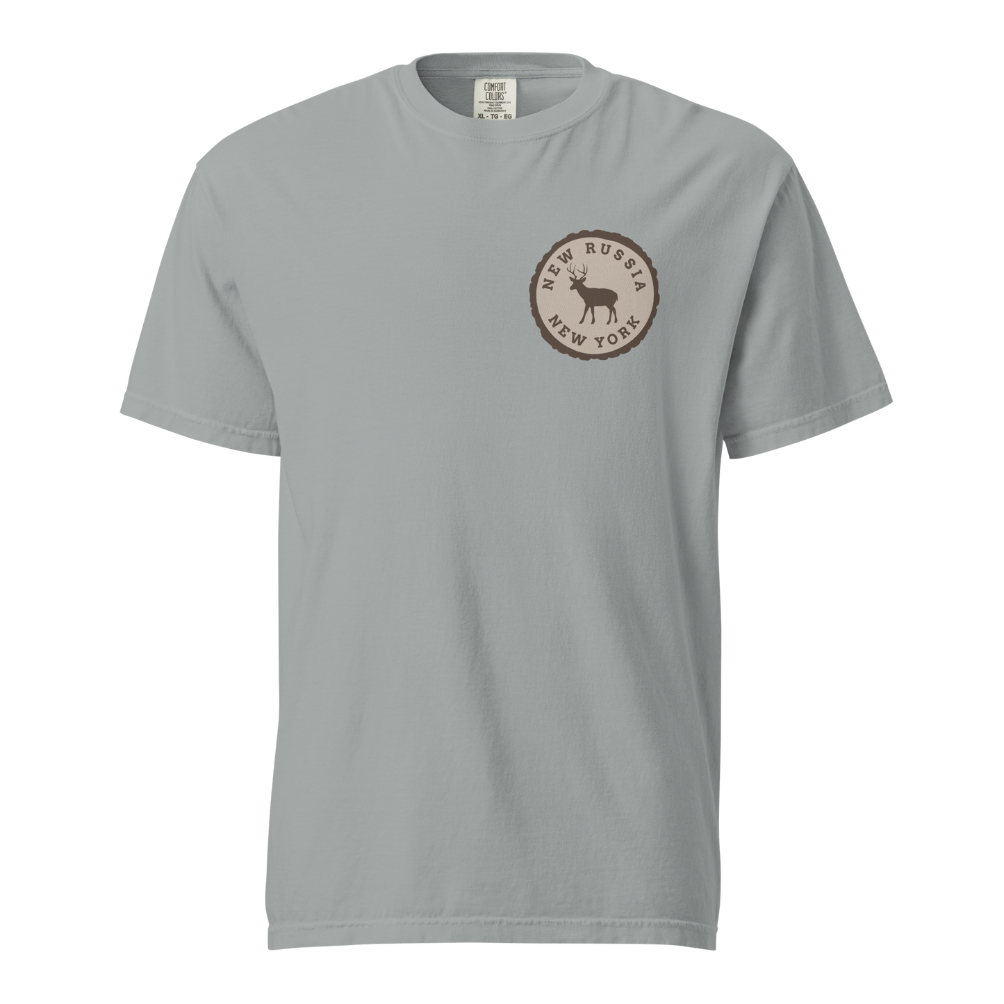 Grey t-shirt with a tree stump New Russia New York deer logo on a white background