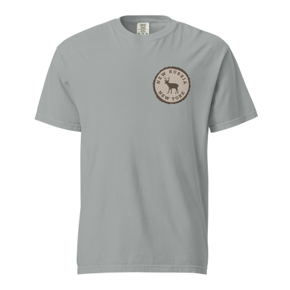 Grey t-shirt with a tree stump New Russia New York deer logo on a white background