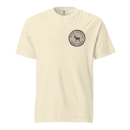 White t-shirt with a brown logo on a white background