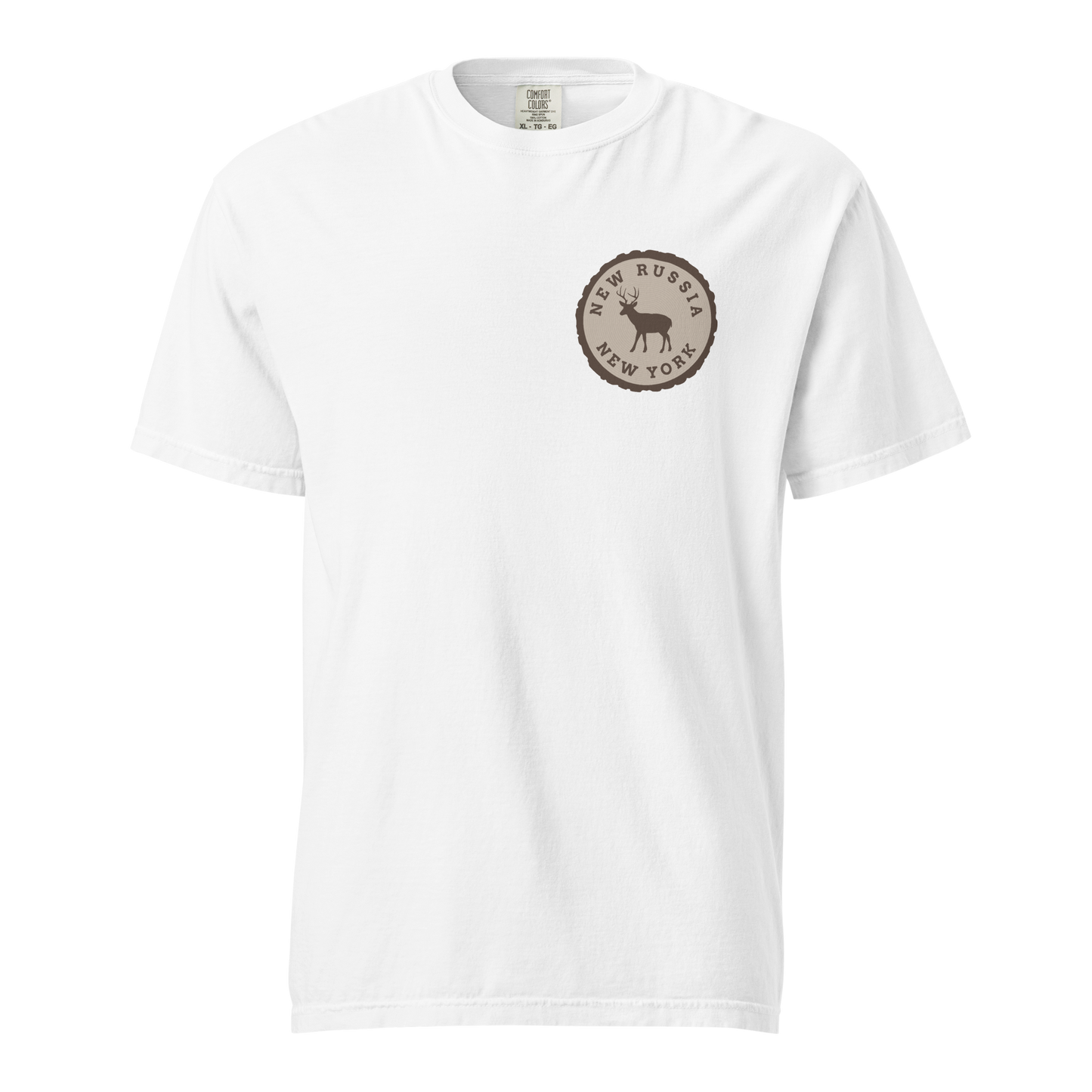 White t-shirt with a tree stump New Russia New York deer logo on a white background