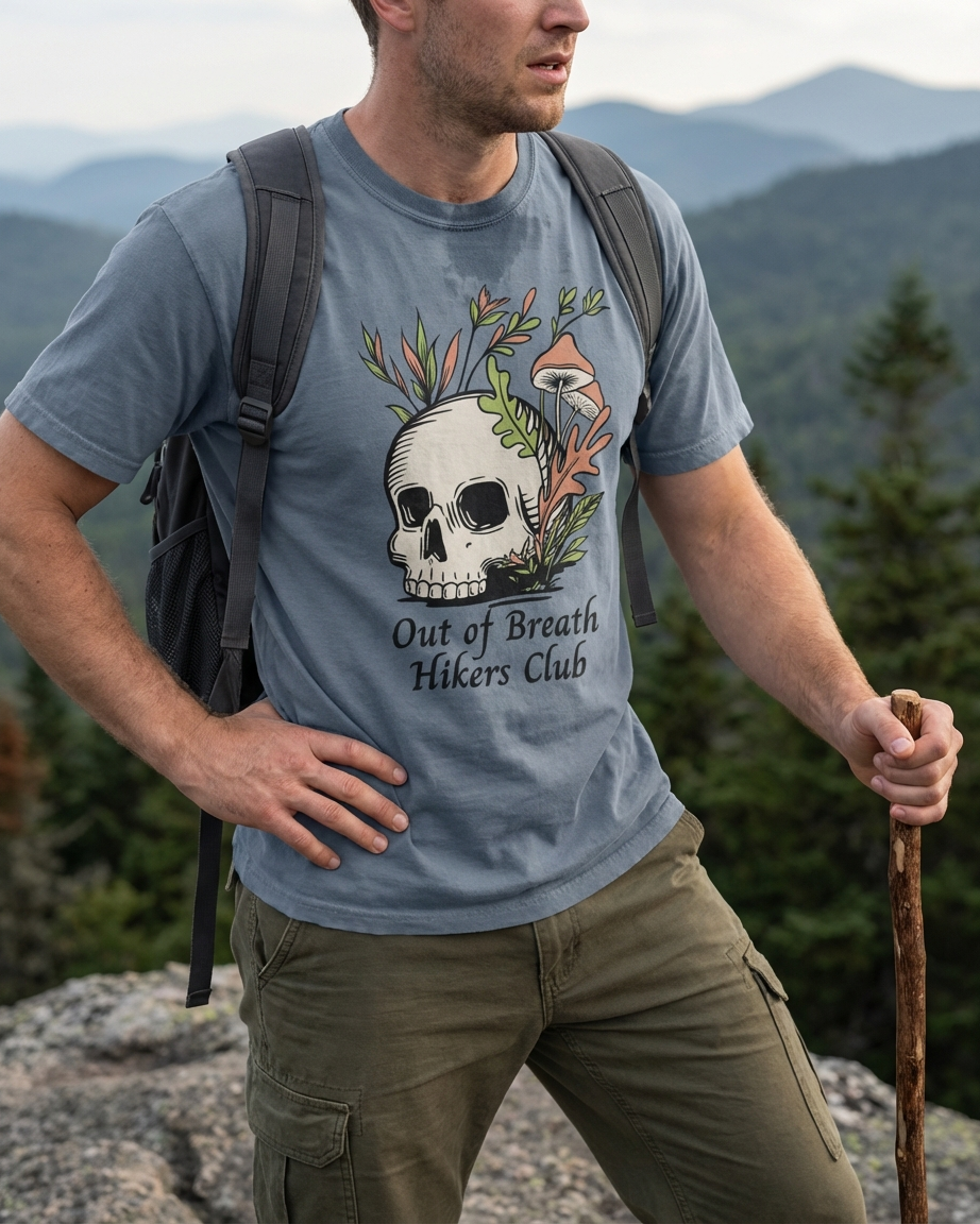 Man wearing a t-shirt with a skull design and text, standing outdoors with mountains in the background.