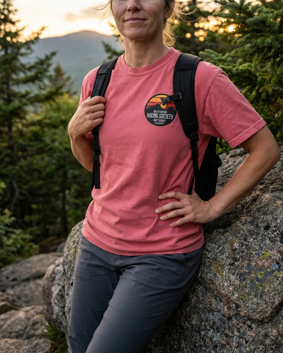 Person wearing a watermelon t-shirt with a logo, standing on a rocky mountain trail.