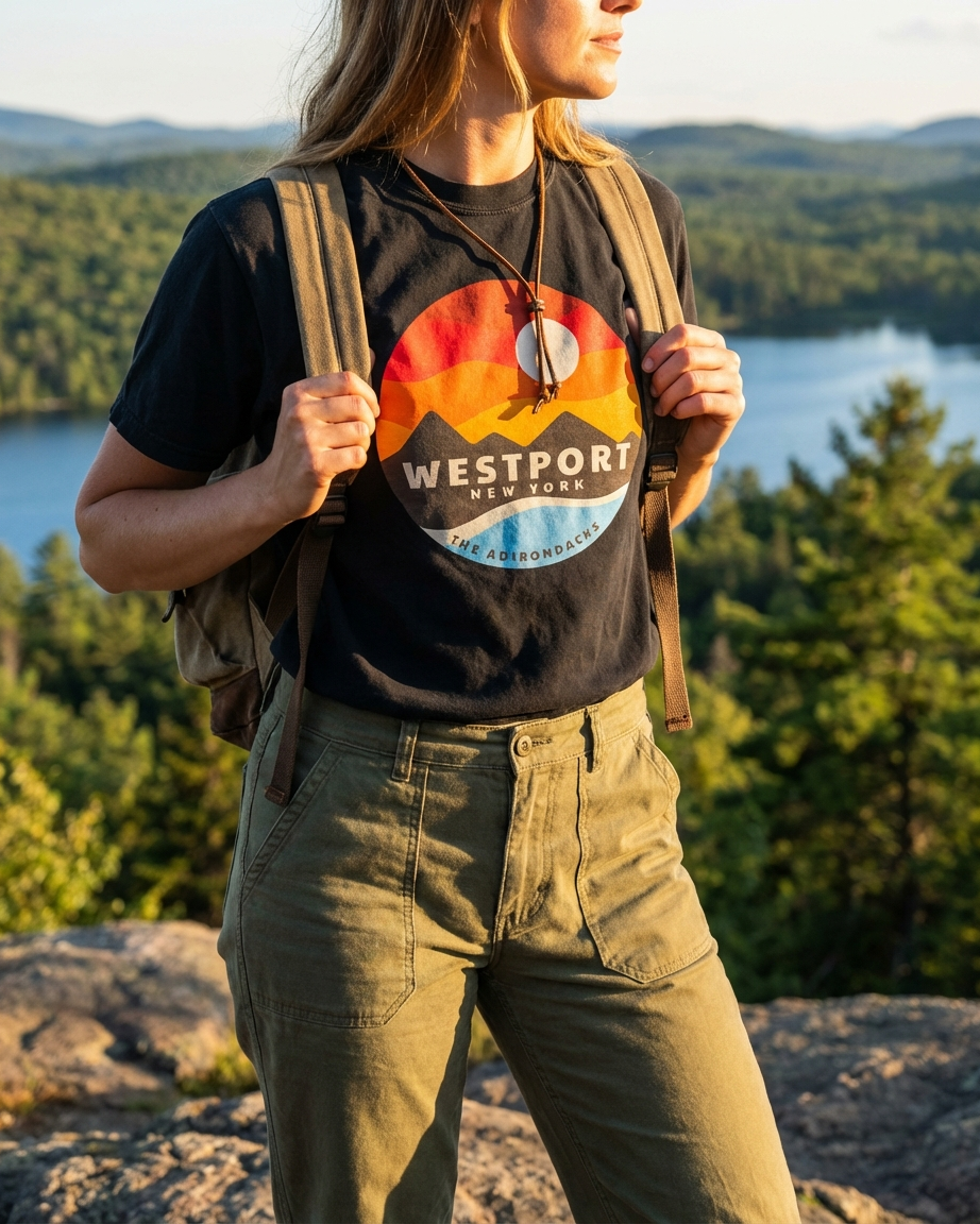 Person wearing a 'Westport New York' t-shirt with a scenic background