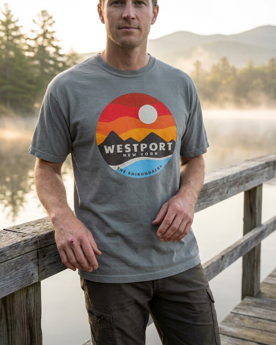 Man wearing a t-shirt with Westport, New York design by a lake