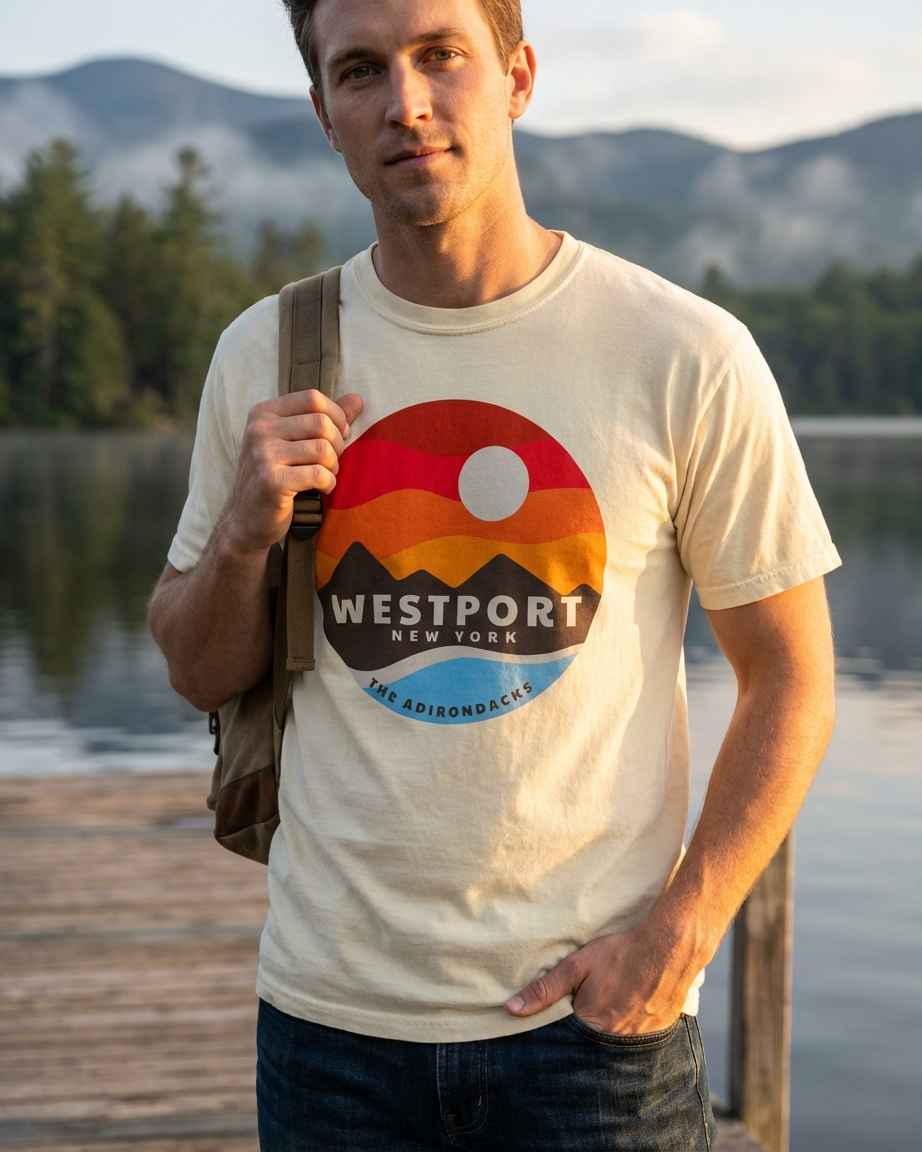 Man wearing a 'Westport New York' t-shirt by a lake with mountains in the background