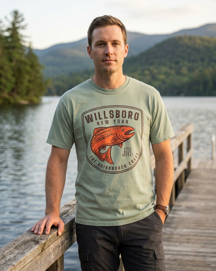 Man wearing a Willsboro t-shirt by a lake with mountains in the background