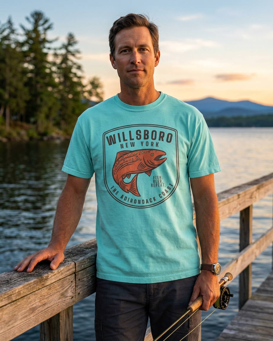 Man wearing a teal t-shirt with 'Willsboro, New York' design by a lake.