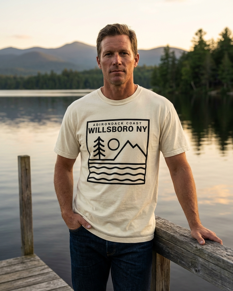 Man wearing a t-shirt with 'Willsboro NY' design by a lake at sunset