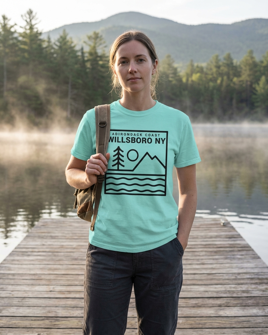 Person wearing a teal t-shirt with a graphic design standing on a dock by a lake.