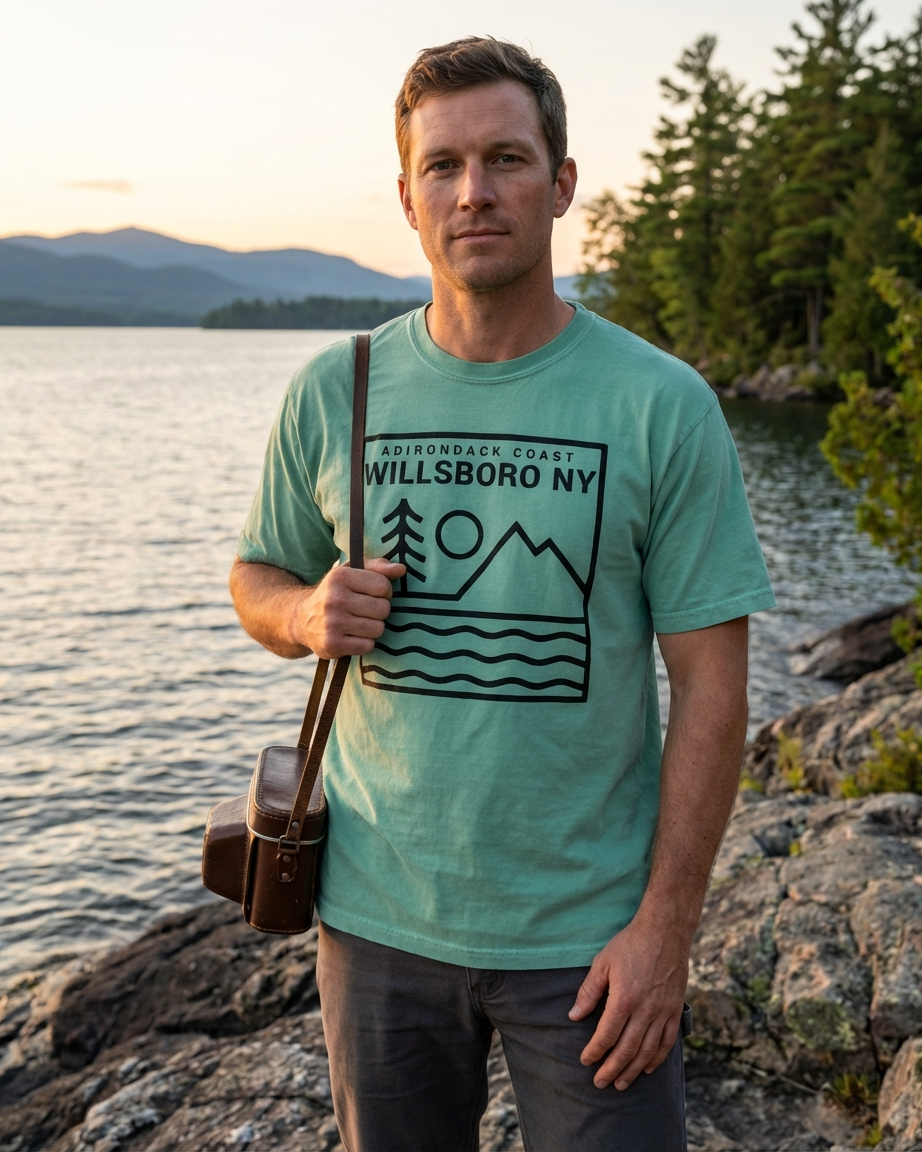 Man wearing a teal t-shirt with 'Willsboro NY' design by a lake and trees.