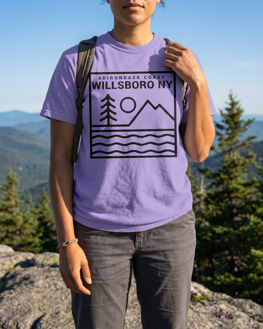 Person wearing a purple t-shirt with 'Willsboro NY' design in a mountainous landscape