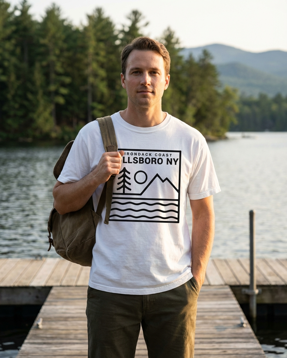 Man standing on a dock by a lake wearing a t-shirt with a graphic design.