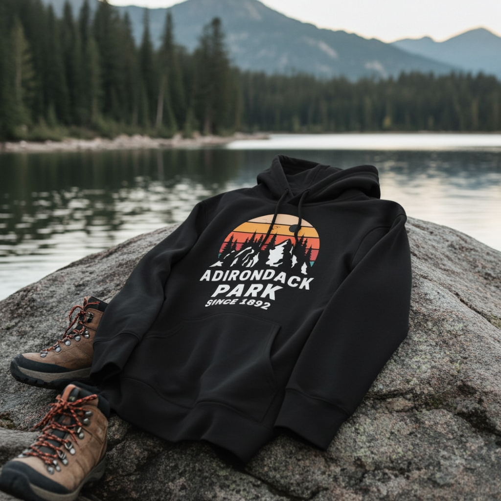 Black hoodie with Adirondack Park design on a rock by a lake with mountains in the background
