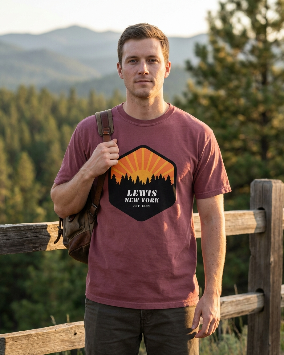 Man wearing a maroon t-shirt with a logo and text, standing outdoors with mountains and trees in the background.