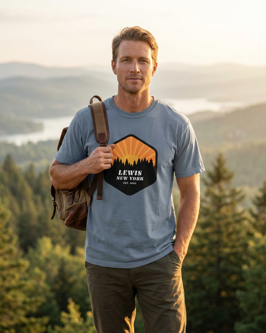 Man wearing a t-shirt with a mountain design and 'Lewis New York' text, standing in a scenic outdoor setting.